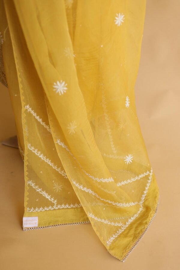 Mustard Yellow Noor Organza Silk Chikankari Straight Cut Kurta Dupatta Set - Image 8