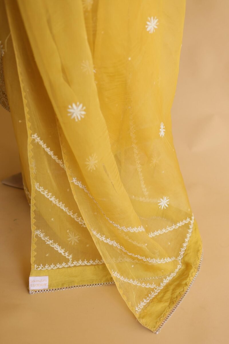 Mustard Yellow Noor Organza Silk Chikankari Straight Cut Kurta Dupatta Set