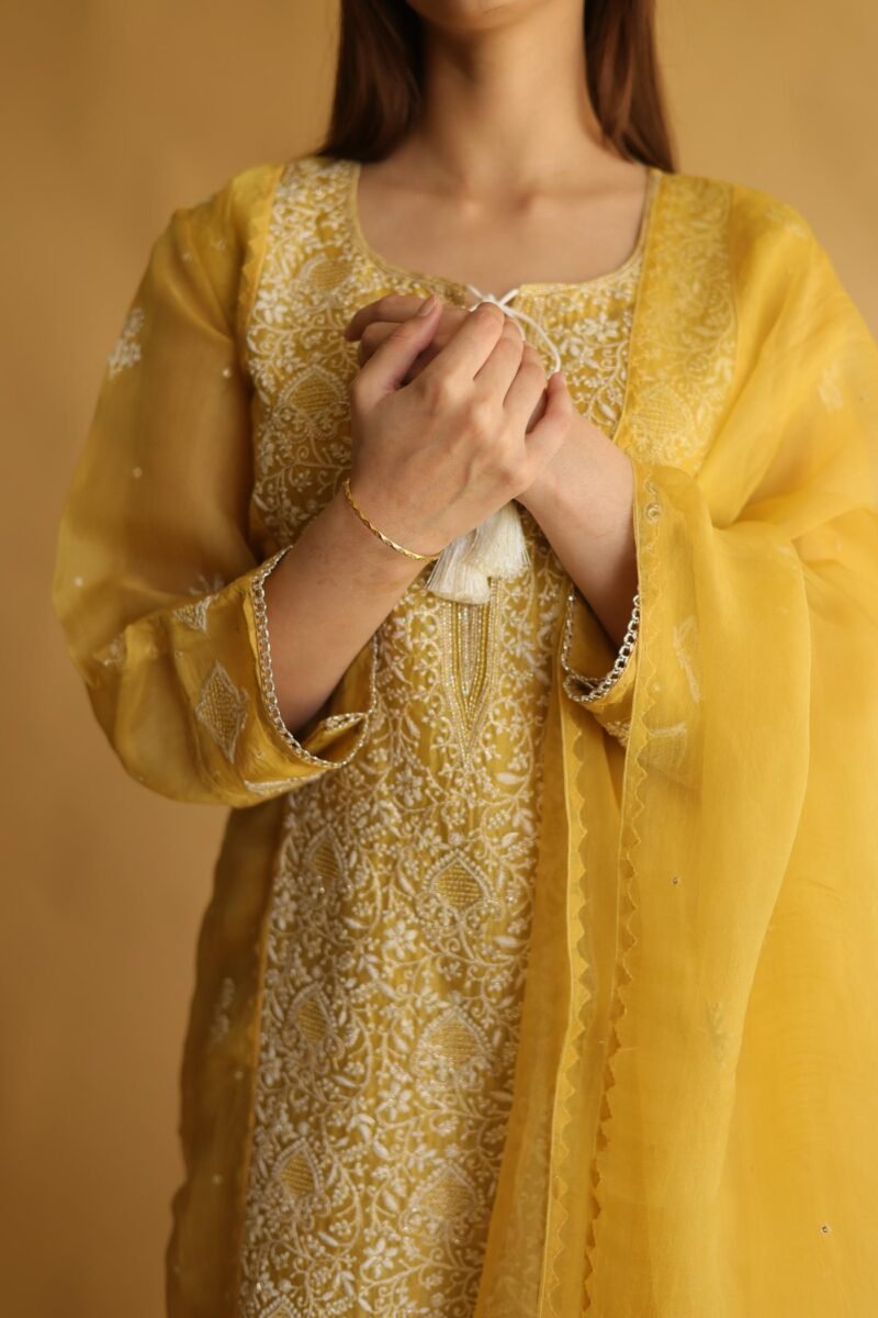 Mustard Yellow Noor Organza Silk Chikankari Straight Cut Kurta Dupatta Set
