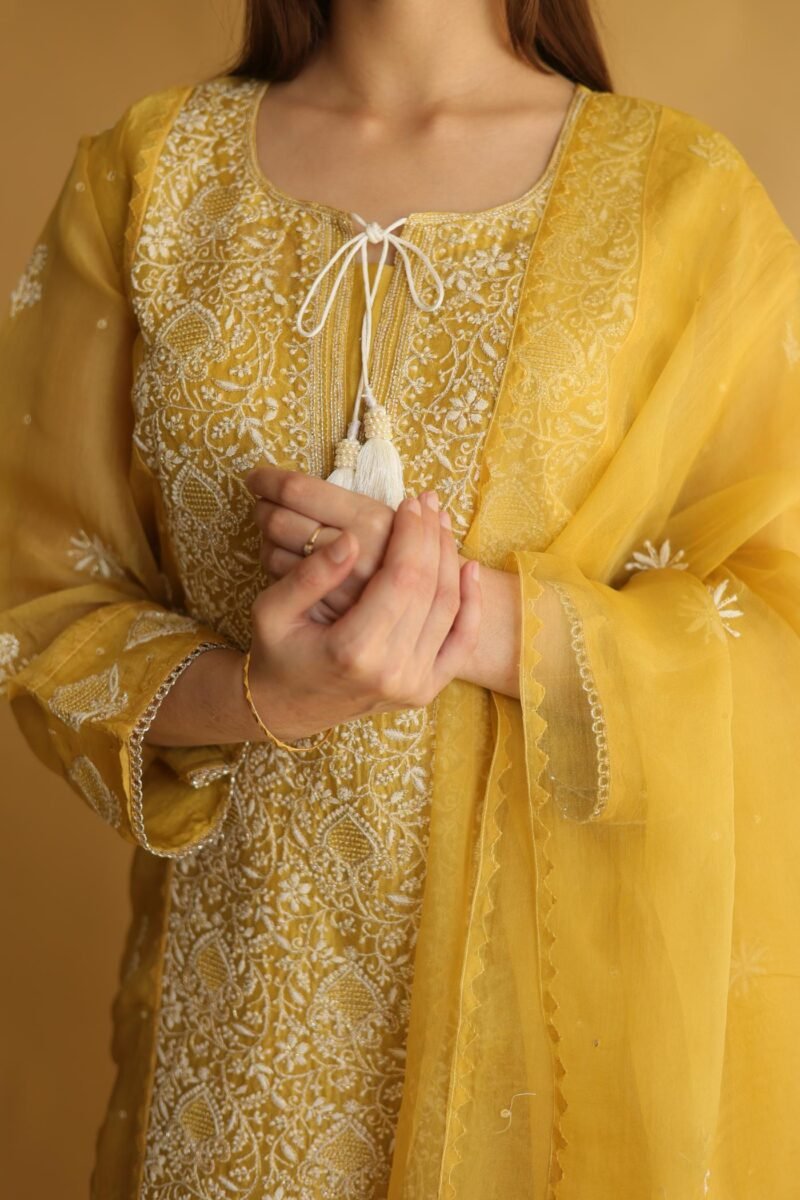 Mustard Yellow Noor Organza Silk Chikankari Straight Cut Kurta Dupatta Set