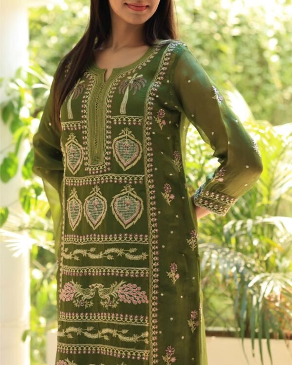 Forest Green Noor Organza Silk Chikankari Straight Cut Kurta Dupatta Set - Image 2