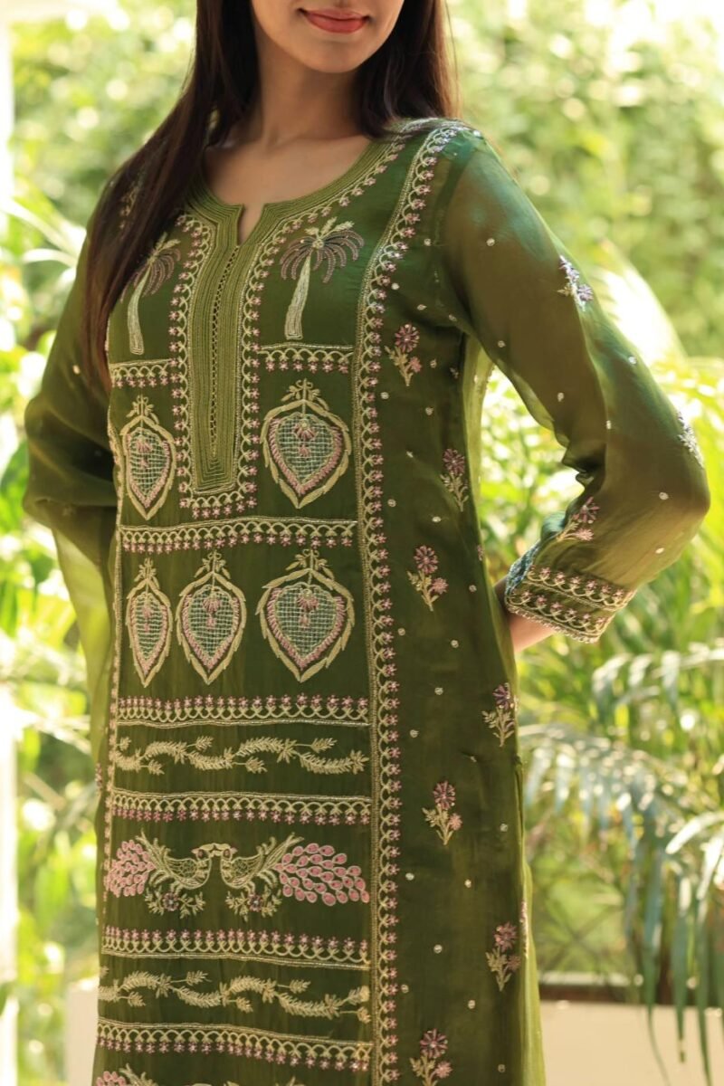 Forest Green Noor Organza Silk Chikankari Straight Cut Kurta Dupatta Set