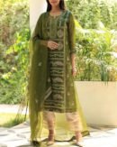Forest Green Noor Organza Silk Chikankari Straight Cut Kurta Dupatta Set