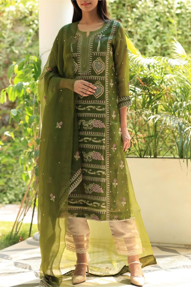 Forest Green Noor Organza Silk Chikankari Straight Cut Kurta Dupatta Set