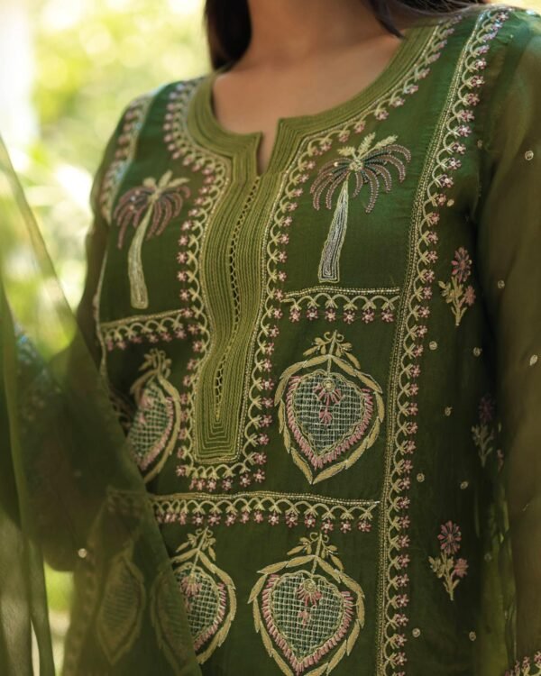 Forest Green Noor Organza Silk Chikankari Straight Cut Kurta Dupatta Set - Image 10