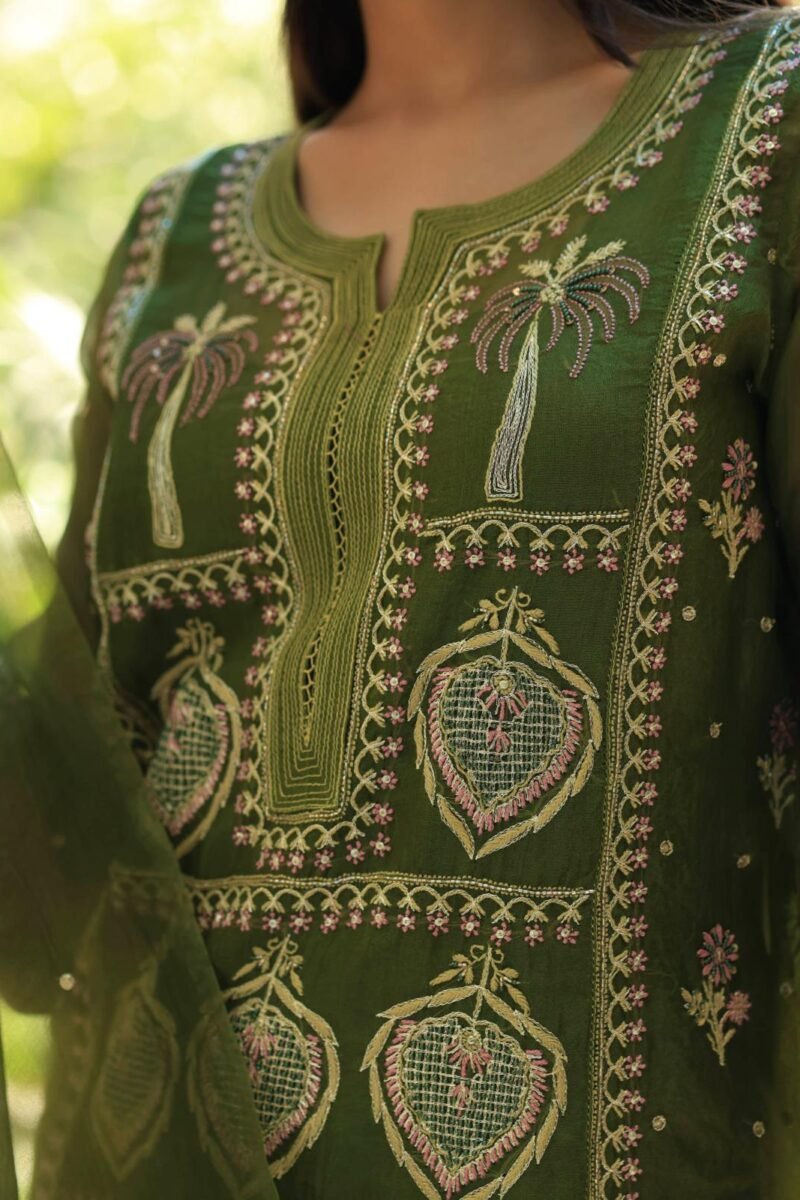 Forest Green Noor Organza Silk Chikankari Straight Cut Kurta Dupatta Set