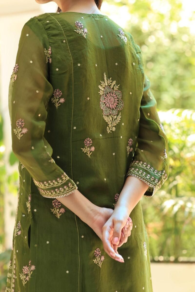 Forest Green Noor Organza Silk Chikankari Straight Cut Kurta Dupatta Set