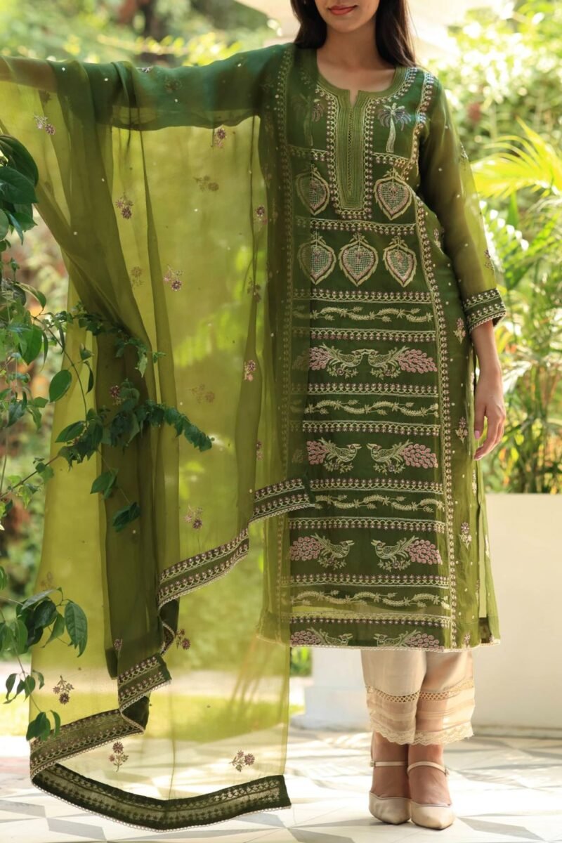 Forest Green Noor Organza Silk Chikankari Straight Cut Kurta Dupatta Set