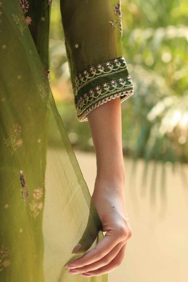 Forest Green Noor Organza Silk Chikankari Straight Cut Kurta Dupatta Set