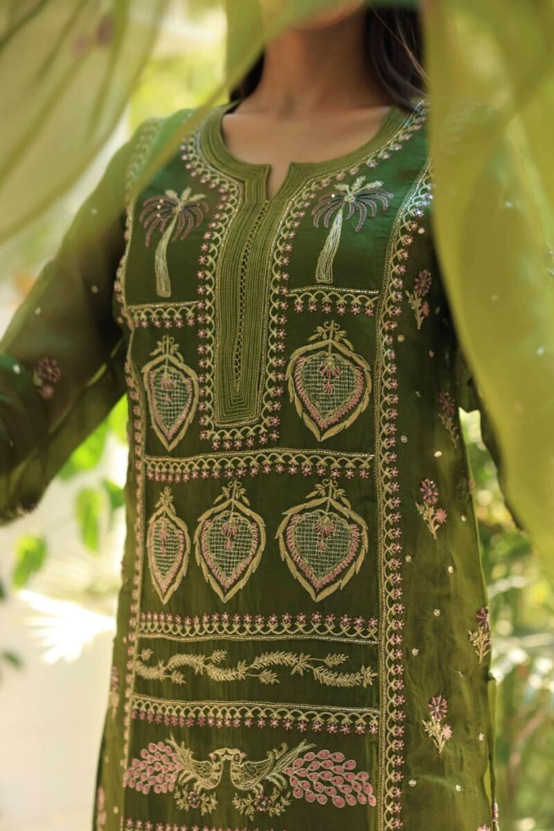 Forest Green Noor Organza Silk Chikankari Straight Cut Kurta Dupatta Set