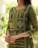 Forest Green Noor Organza Silk Chikankari Straight Cut Kurta Dupatta Set