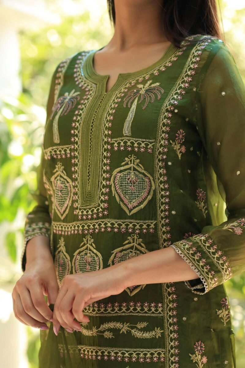 Forest Green Noor Organza Silk Chikankari Straight Cut Kurta Dupatta Set