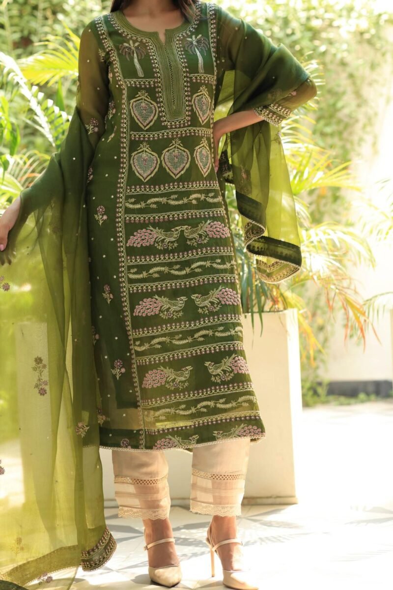 Forest Green Noor Organza Silk Chikankari Straight Cut Kurta Dupatta Set