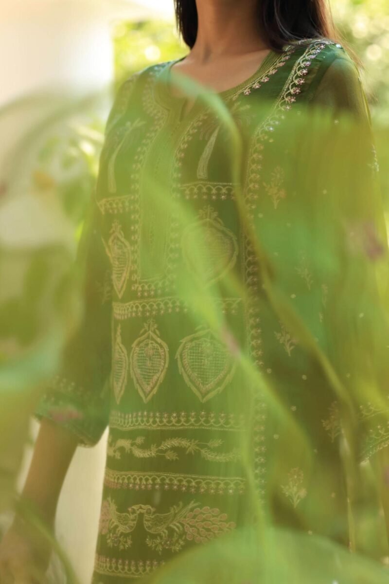 Forest Green Noor Organza Silk Chikankari Straight Cut Kurta Dupatta Set