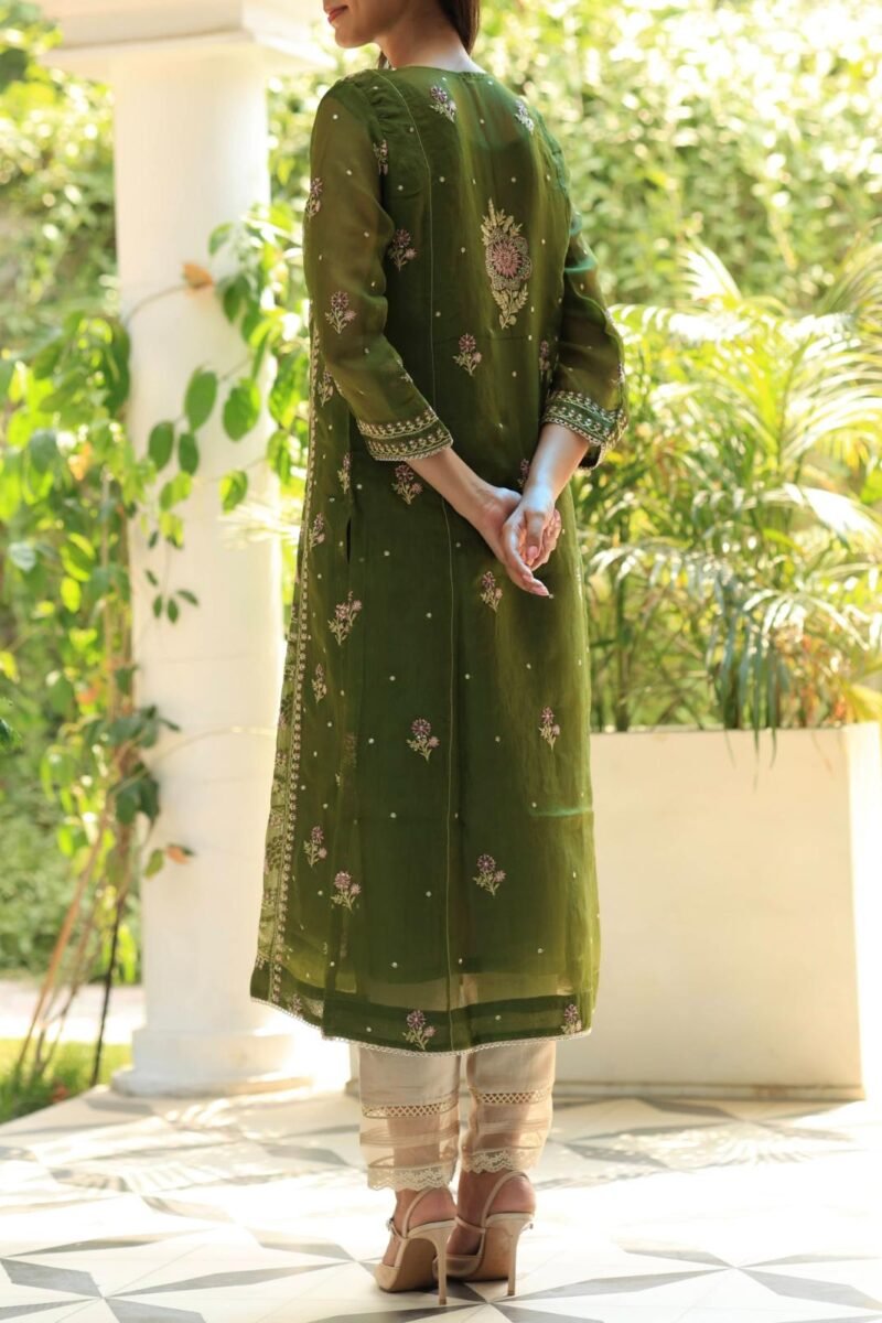 Forest Green Noor Organza Silk Chikankari Straight Cut Kurta Dupatta Set