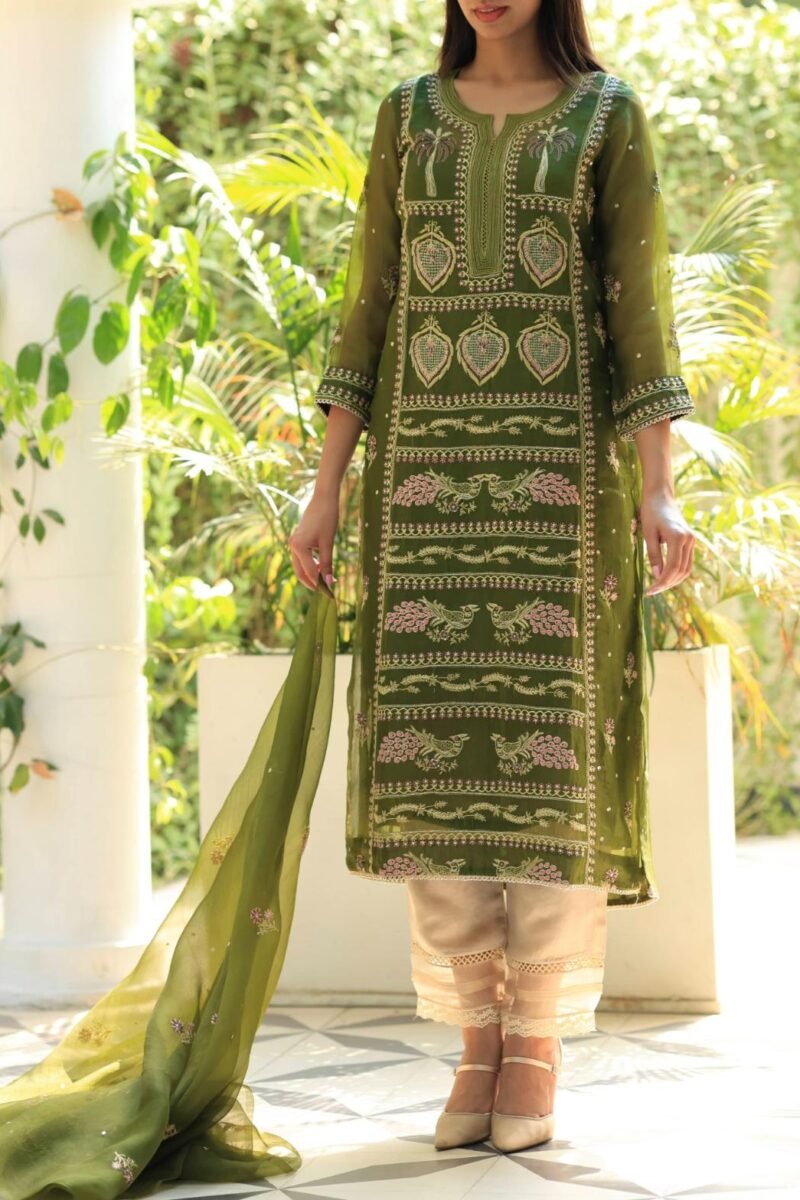 Forest Green Noor Organza Silk Chikankari Straight Cut Kurta Dupatta Set