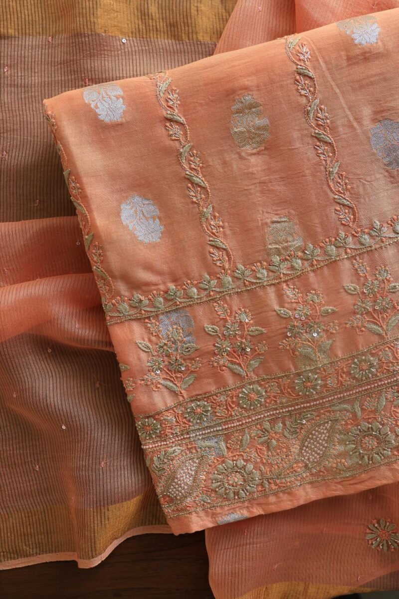Orange Salmon Banarasi Zari Chanderi Unstitched Chikankari Fabrics