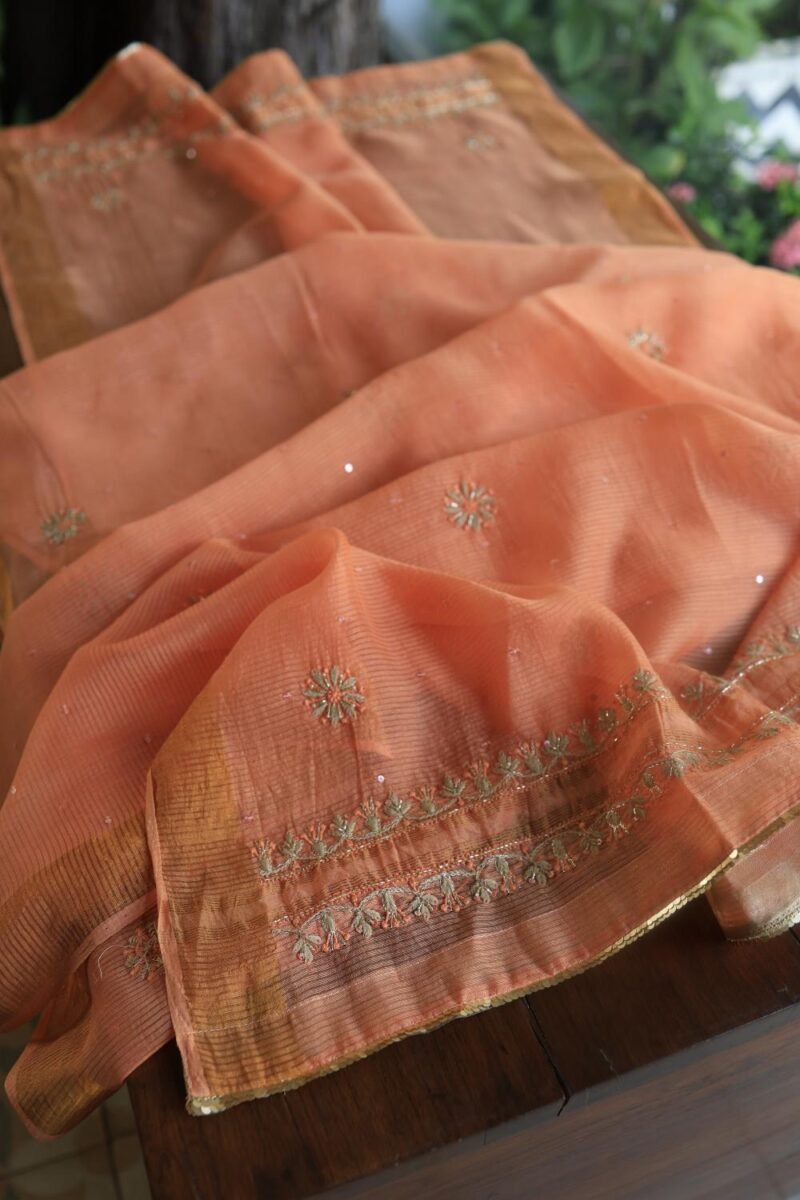 Orange Salmon Banarasi Zari Chanderi Unstitched Chikankari Fabrics