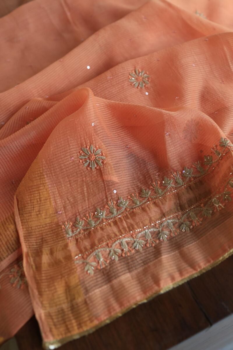 Orange Salmon Banarasi Zari Chanderi Unstitched Chikankari Fabrics