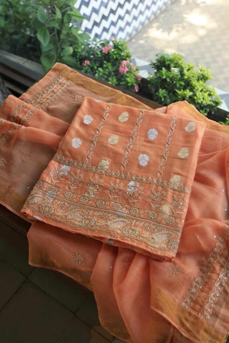 Orange Salmon Banarasi Zari Chanderi Unstitched Chikankari Fabrics