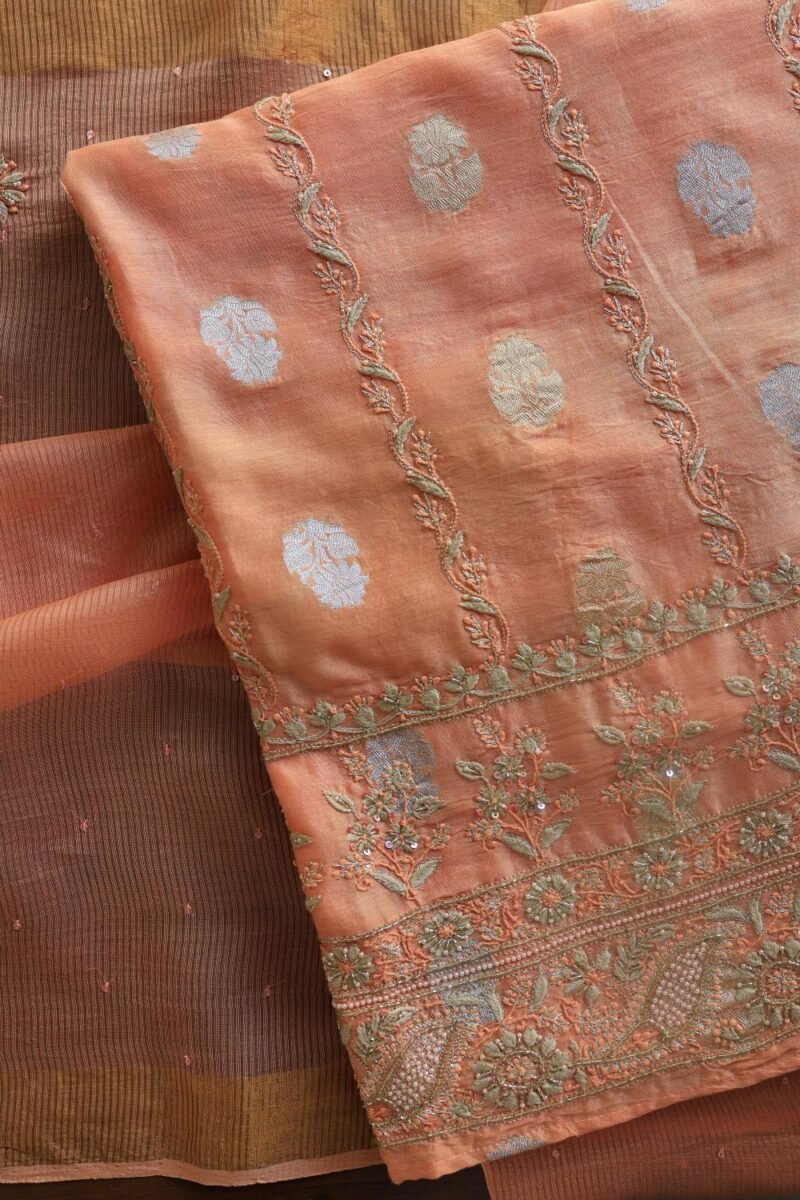Orange Salmon Banarasi Zari Chanderi Unstitched Chikankari Fabrics