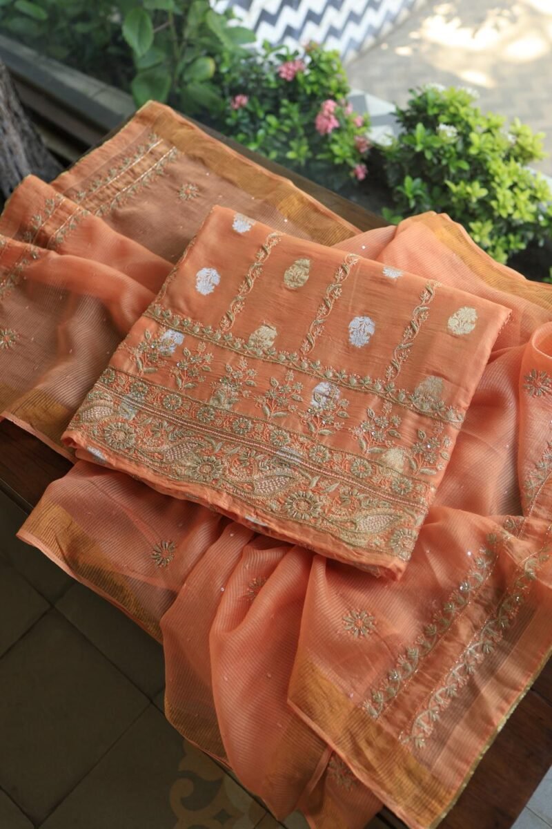 Orange Salmon Banarasi Zari Chanderi Unstitched Chikankari Fabrics