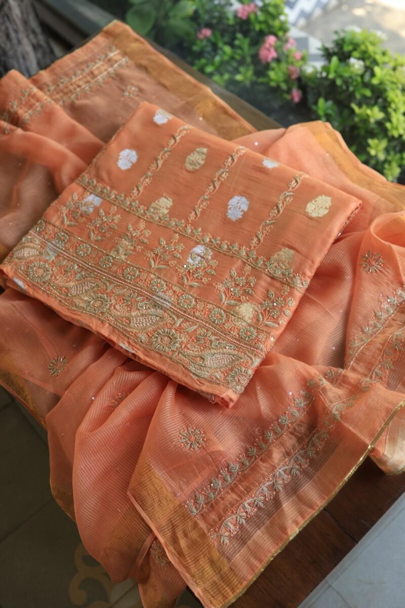 Orange Salmon Banarasi Zari Chanderi Unstitched Chikankari Fabrics