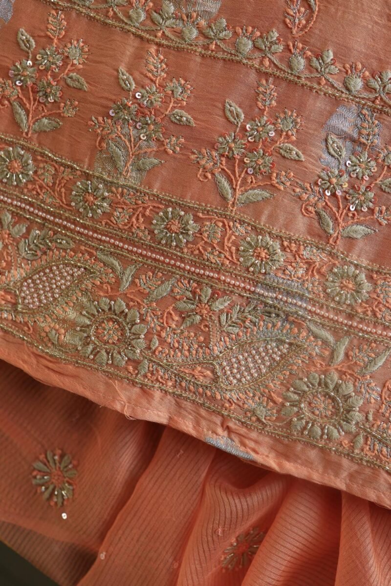 Orange Salmon Banarasi Zari Chanderi Unstitched Chikankari Fabrics