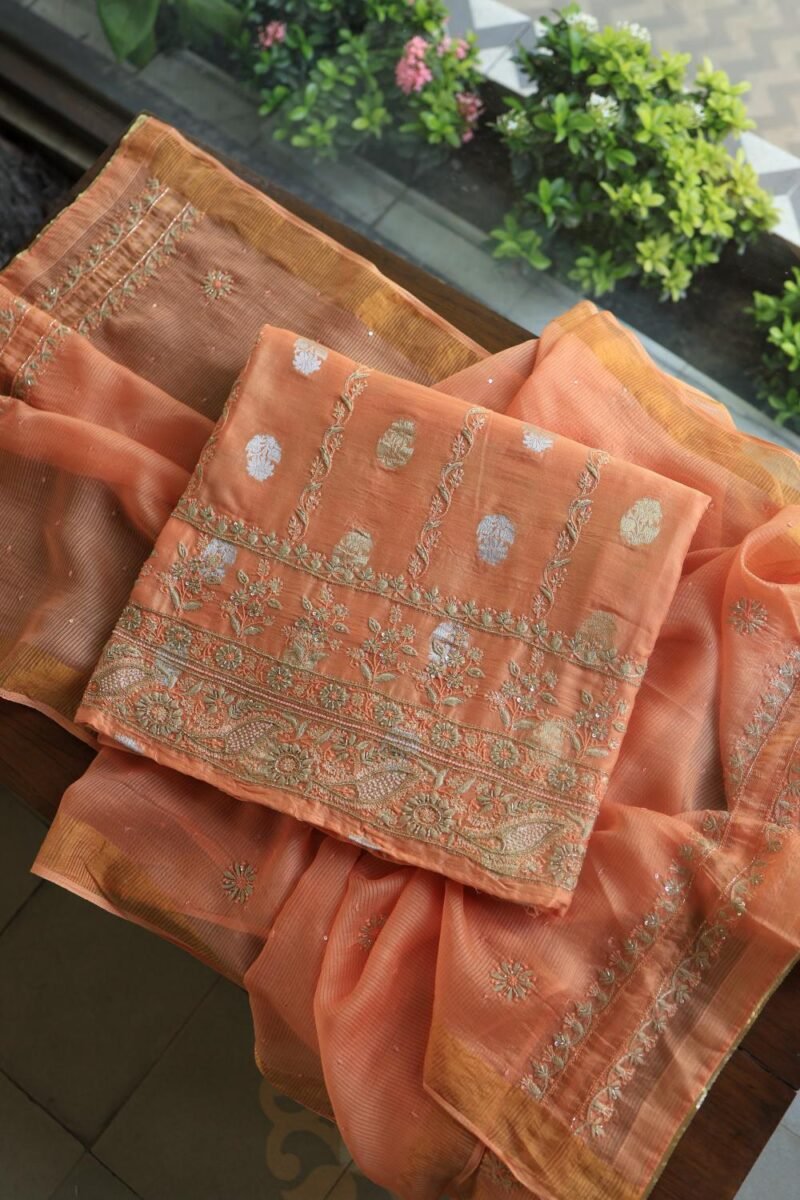 Orange Salmon Banarasi Zari Chanderi Unstitched Chikankari Fabrics