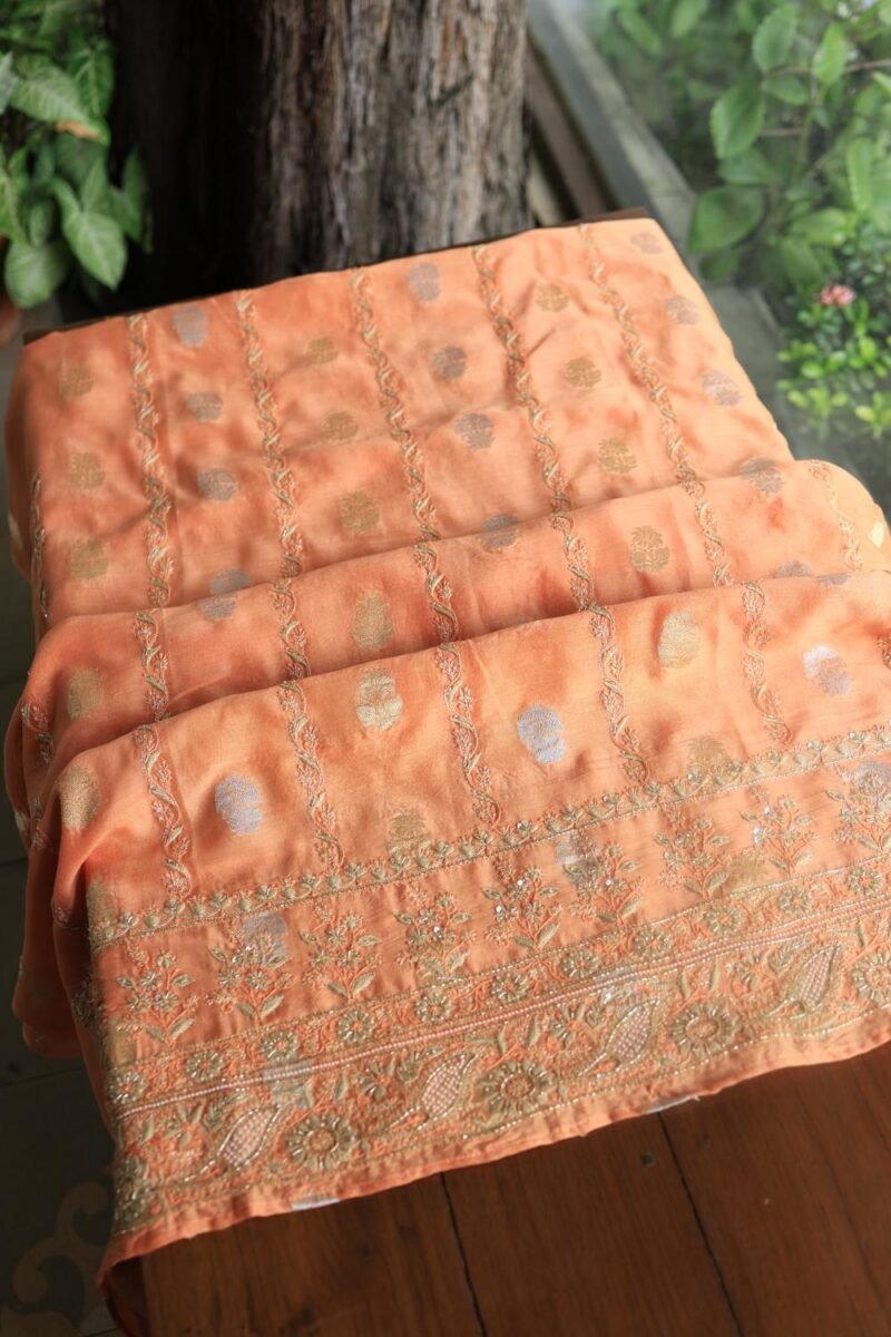 Orange Salmon Banarasi Zari Chanderi Unstitched Chikankari Fabrics