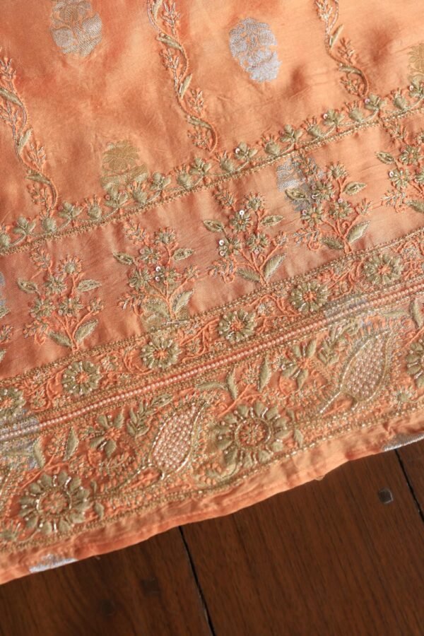 Orange Salmon Banarasi Zari Chanderi Unstitched Chikankari Fabrics - Image 12