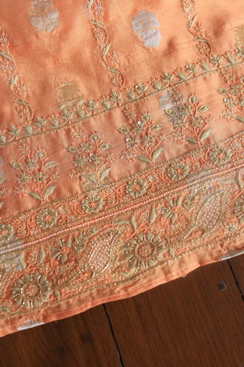 Orange Salmon Banarasi Zari Chanderi Unstitched Chikankari Fabrics