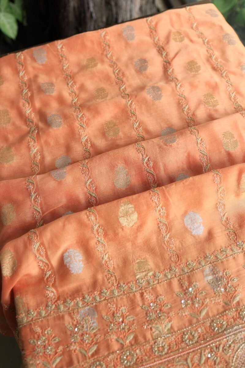 Orange Salmon Banarasi Zari Chanderi Unstitched Chikankari Fabrics