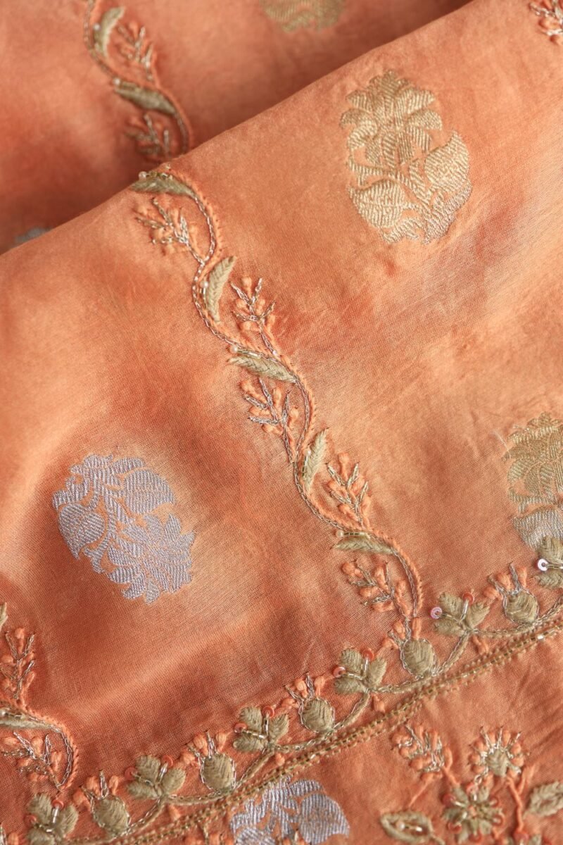 Orange Salmon Banarasi Zari Chanderi Unstitched Chikankari Fabrics
