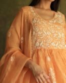Orange Noor Organza Silk Fine Chikankari with Kamdani Ready to Wear Angarkha