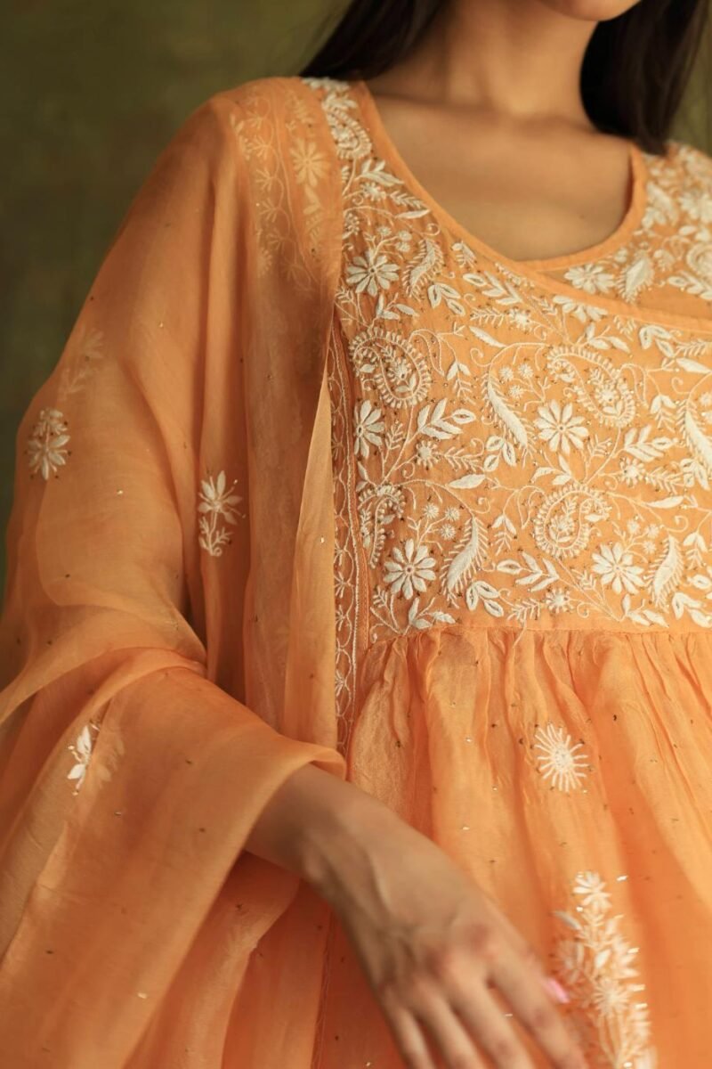 Orange Noor Organza Silk Fine Chikankari with Kamdani Ready to Wear Angarkha
