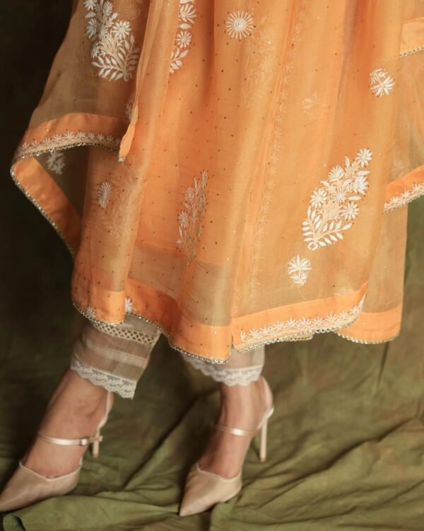 Orange Noor Organza Silk Fine Chikankari with Kamdani Ready to Wear Angarkha - Image 13