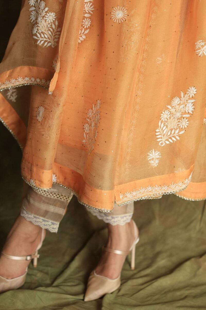 Orange Noor Organza Silk Fine Chikankari with Kamdani Ready to Wear Angarkha