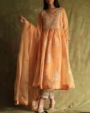 Orange Noor Organza Silk Fine Chikankari with Kamdani Ready to Wear Angarkha