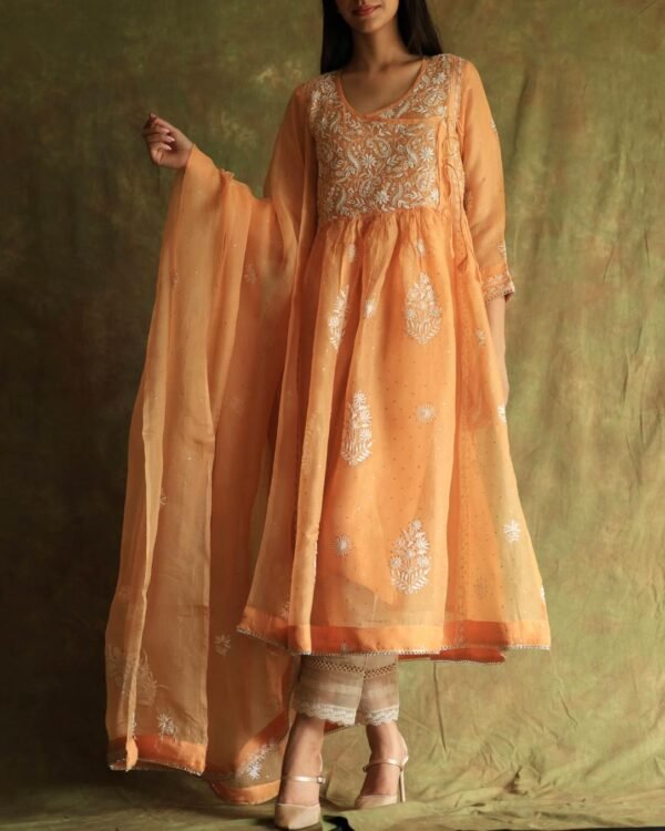 Orange Noor Organza Silk Fine Chikankari with Kamdani Ready to Wear Angarkha - Image 14