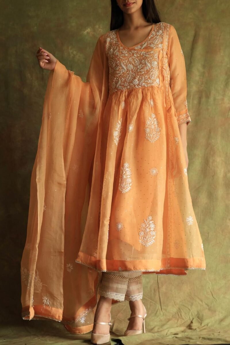 Orange Noor Organza Silk Fine Chikankari with Kamdani Ready to Wear Angarkha
