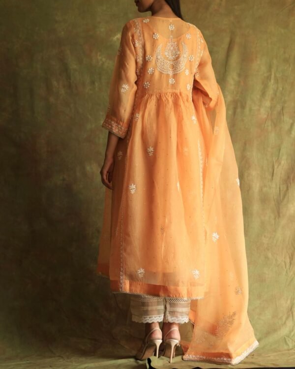 Orange Noor Organza Silk Fine Chikankari with Kamdani Ready to Wear Angarkha - Image 16