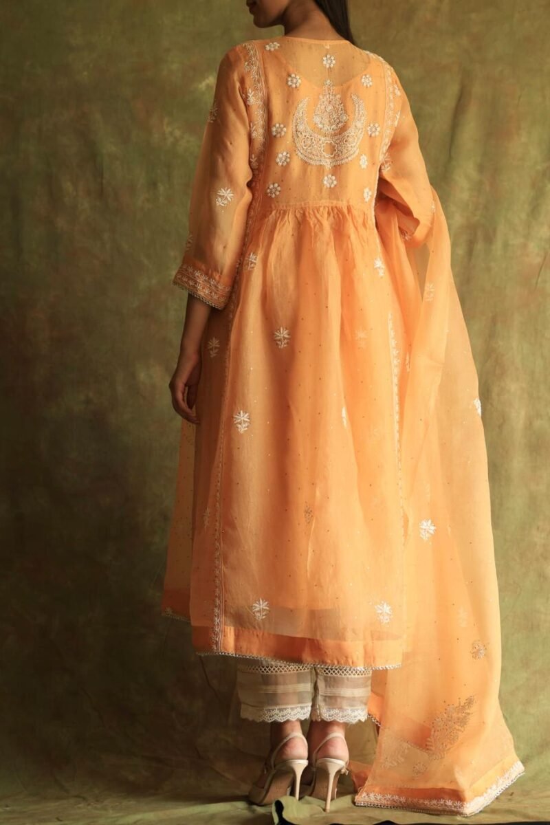 Orange Noor Organza Silk Fine Chikankari with Kamdani Ready to Wear Angarkha