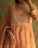 Orange Noor Organza Silk Fine Chikankari with Kamdani Ready to Wear Angarkha