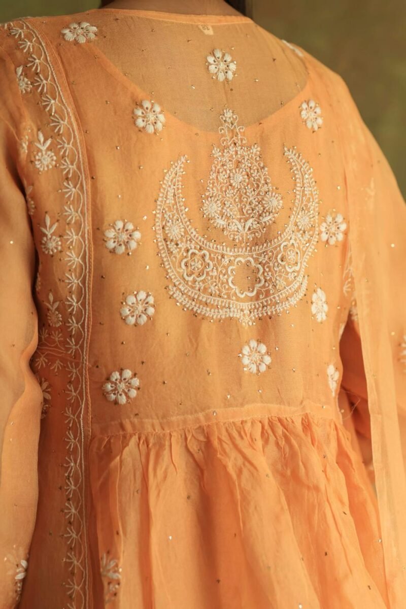 Orange Noor Organza Silk Fine Chikankari with Kamdani Ready to Wear Angarkha