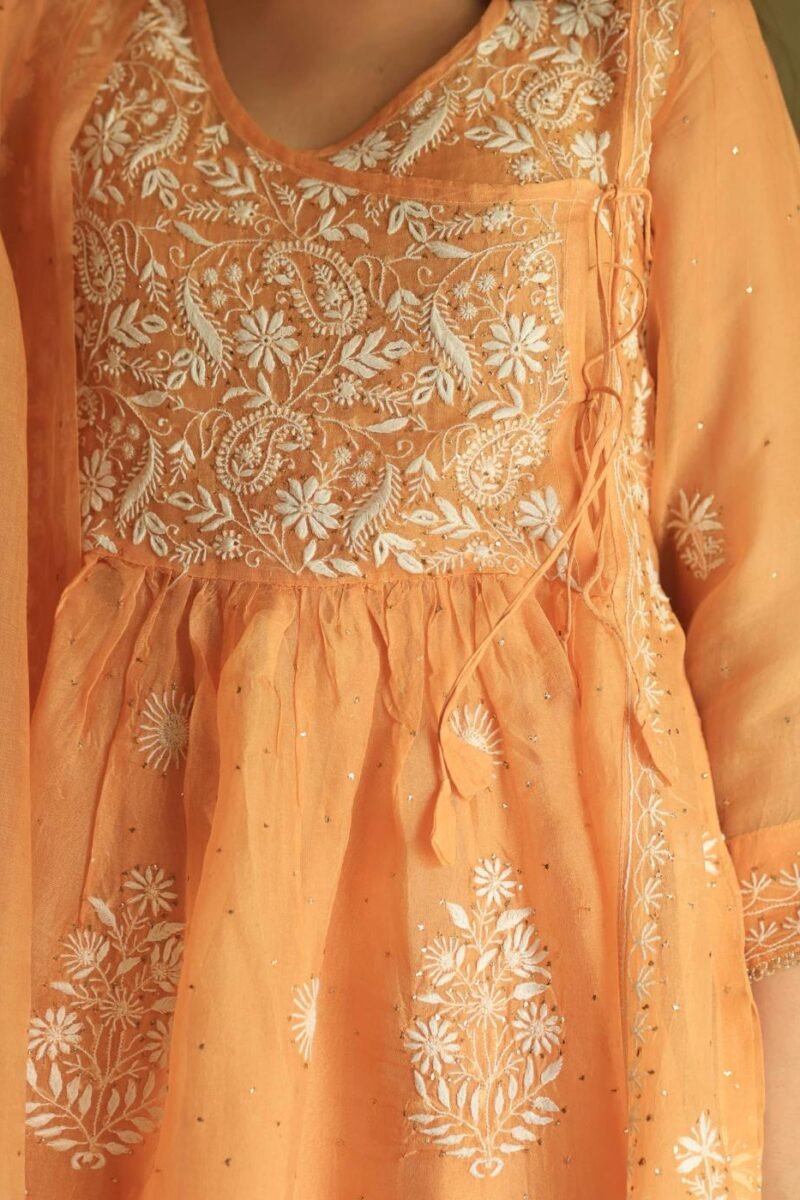 Orange Noor Organza Silk Fine Chikankari with Kamdani Ready to Wear Angarkha