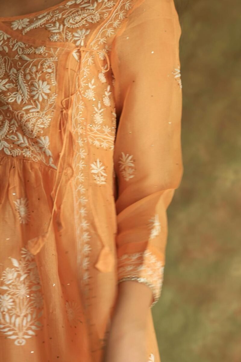 Orange Noor Organza Silk Fine Chikankari with Kamdani Ready to Wear Angarkha