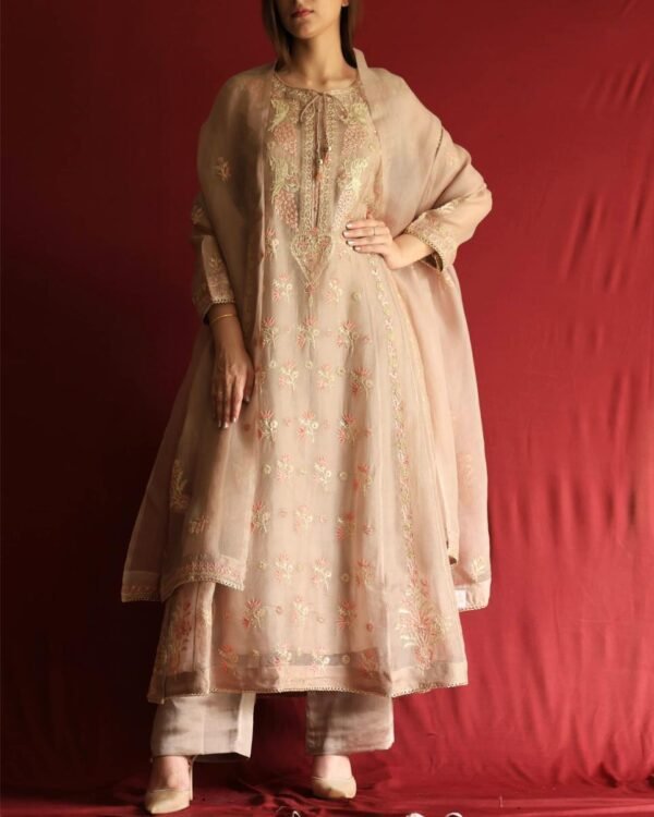 Pastel Beige Noor Organza Chikankari Anarkali With Dupatta - Image 11