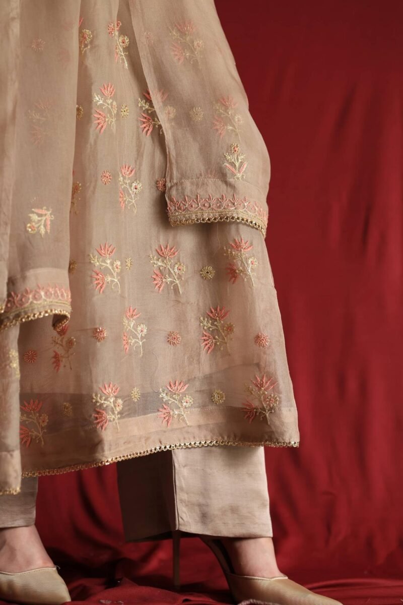 Pastel Beige Noor Organza Chikankari Anarkali With Dupatta