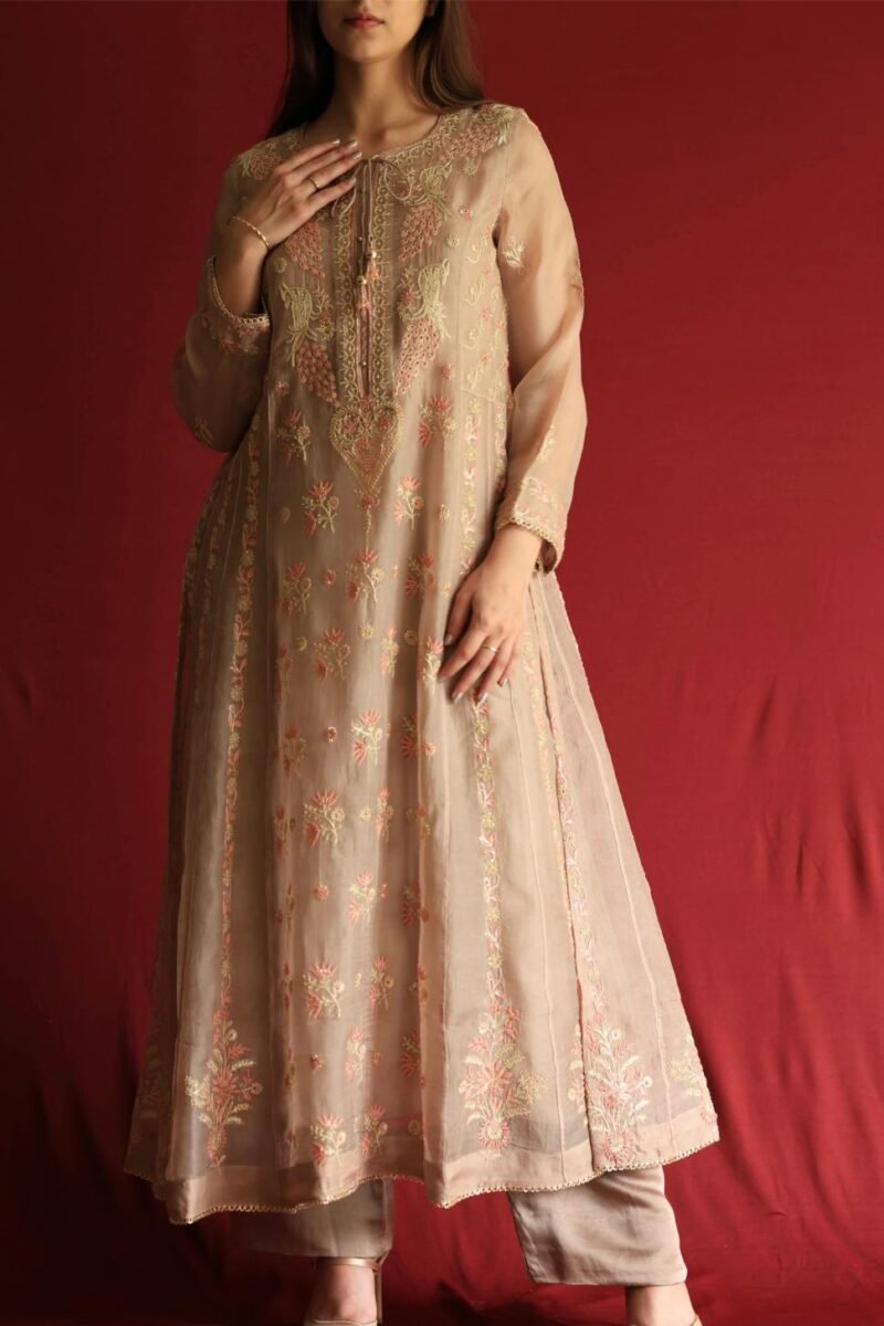 Pastel Beige Noor Organza Chikankari Anarkali With Dupatta